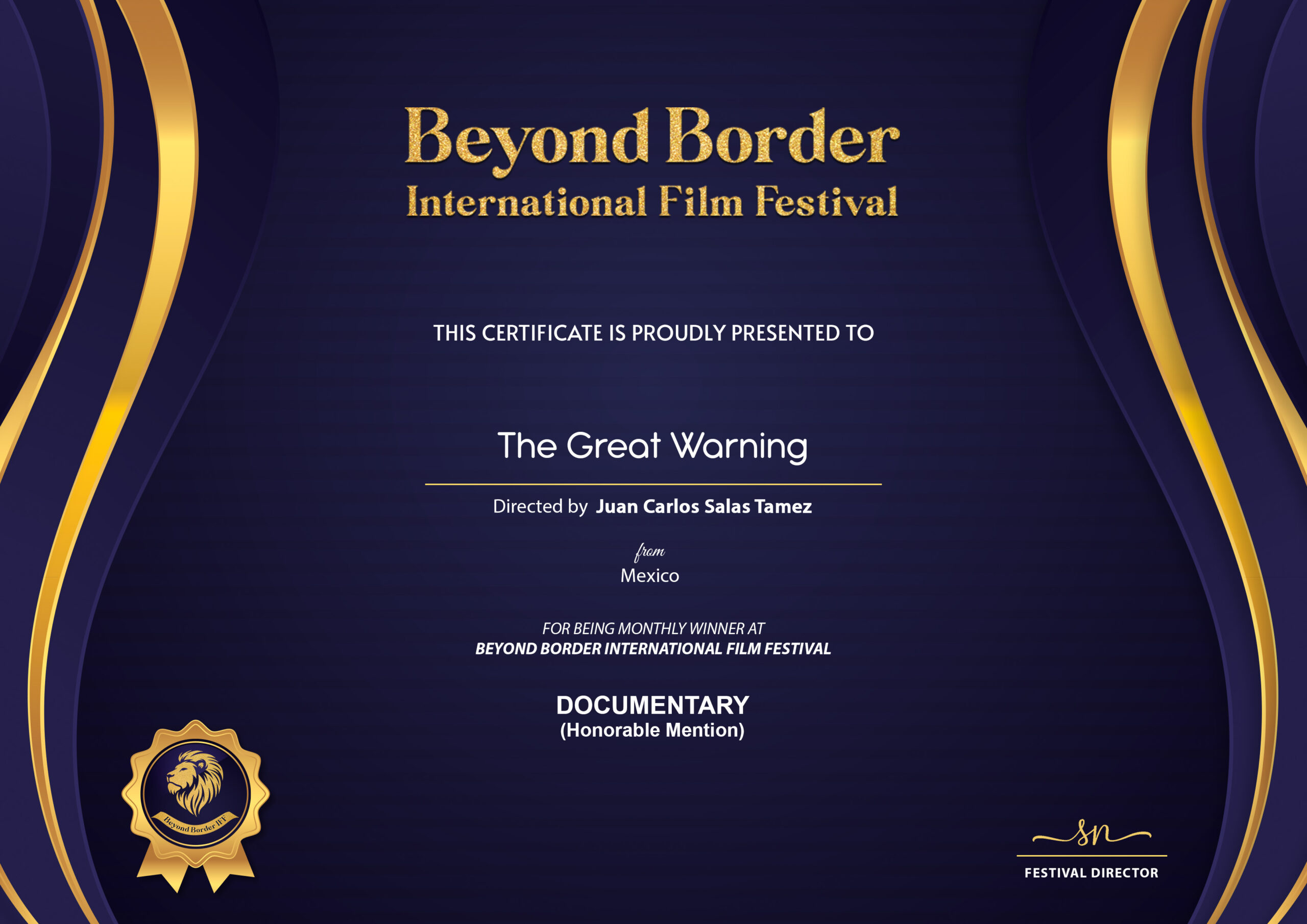 BEYOND BORDER INTERNATIONAL FILM FESTIVAL - certificado - The Great Warning